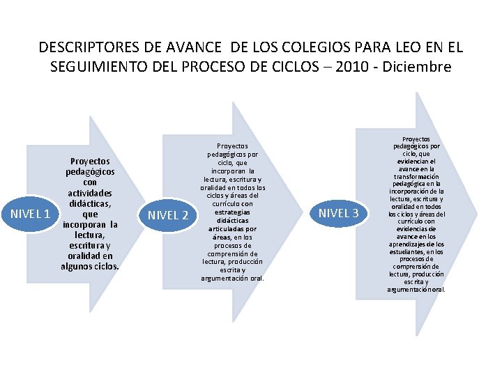 DESCRIPTORES DE AVANCE DE LOS COLEGIOS PARA LEO EN EL SEGUIMIENTO DEL PROCESO DE