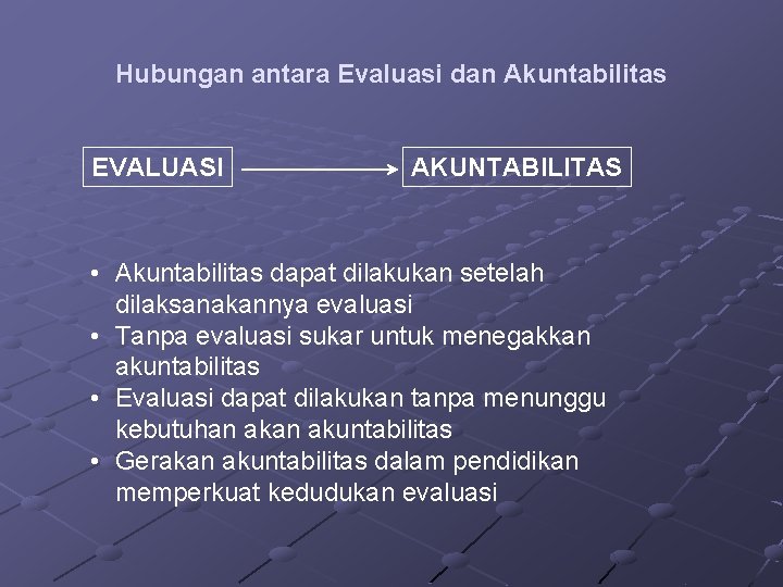 Hubungan antara Evaluasi dan Akuntabilitas EVALUASI AKUNTABILITAS • Akuntabilitas dapat dilakukan setelah dilaksanakannya evaluasi