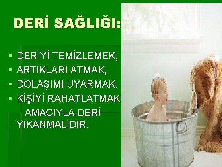 DERİ SAĞLIĞI: § § DERİYİ TEMİZLEMEK, ARTIKLARI ATMAK, DOLAŞIMI UYARMAK, KİŞİYİ RAHATLATMAK AMACIYLA DERİ