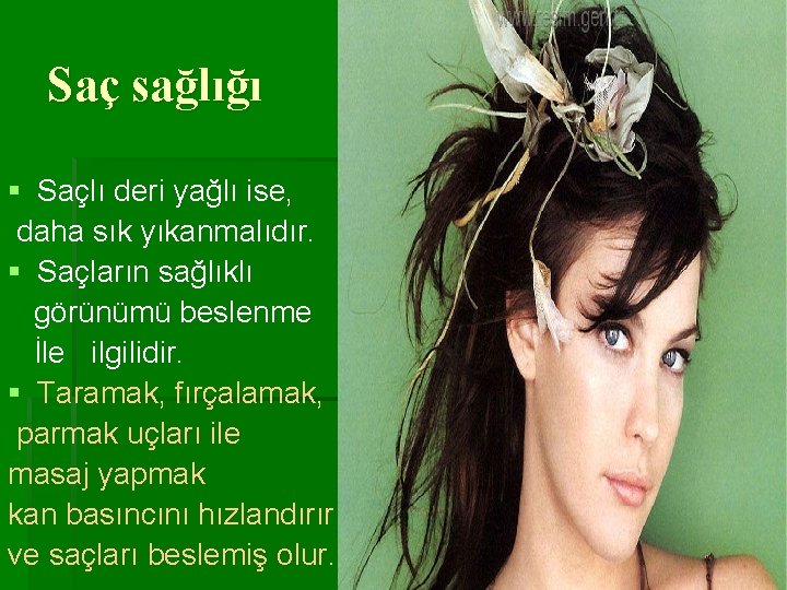 Saç sağlığı § Saçlı deri yağlı ise, daha sık yıkanmalıdır. § Saçların sağlıklı görünümü