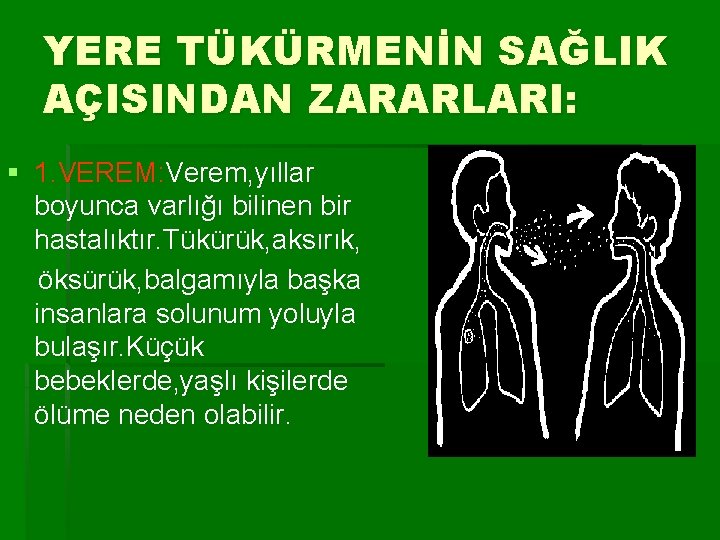 YERE TÜKÜRMENİN SAĞLIK AÇISINDAN ZARARLARI: § 1. VEREM: Verem, yıllar boyunca varlığı bilinen bir