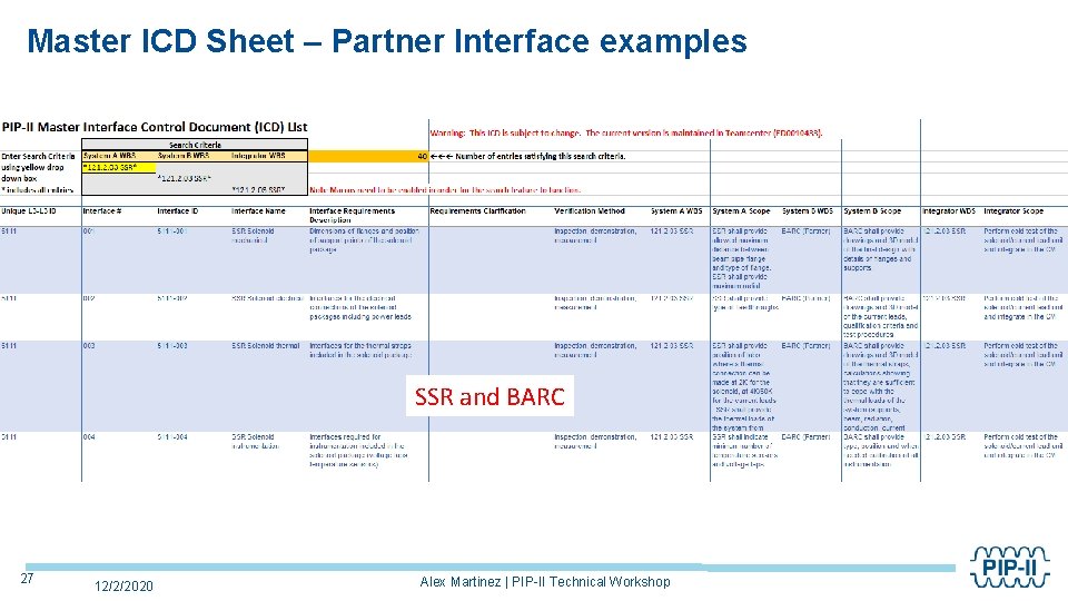 Master ICD Sheet – Partner Interface examples SSR and BARC 27 12/2/2020 Alex Martinez