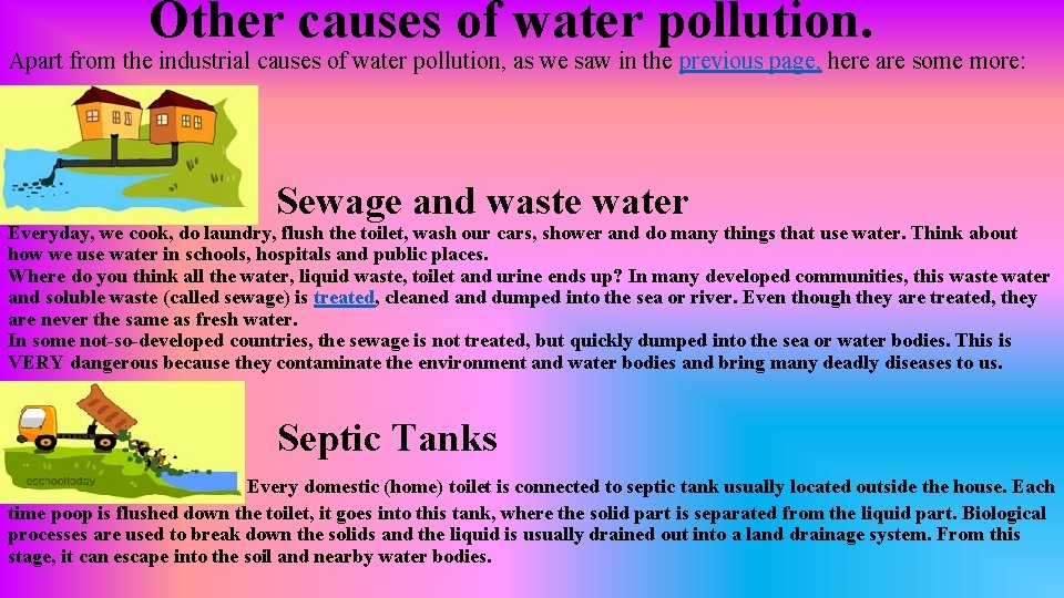 Other causes of water pollution. Apart from the industrial causes of water pollution, as