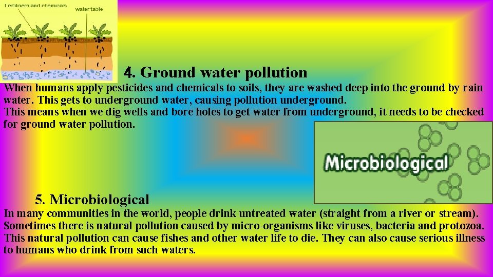 4. Ground water pollution When humans apply pesticides and chemicals to soils, they are