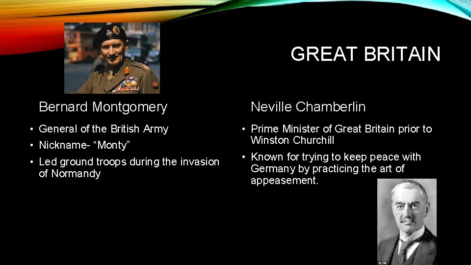 GREAT BRITAIN Bernard Montgomery • General of the British Army • Nickname- “Monty” •