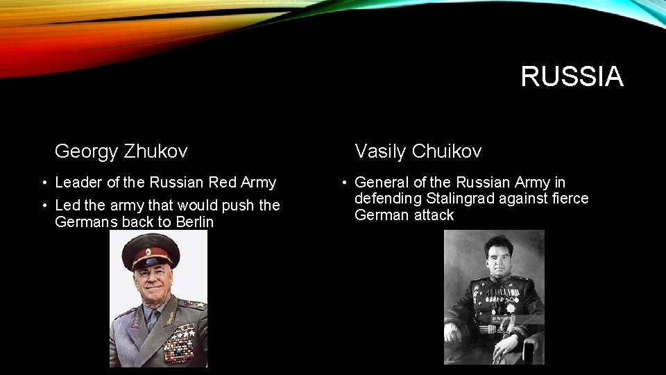RUSSIA Georgy Zhukov • Leader of the Russian Red Army • Led the army