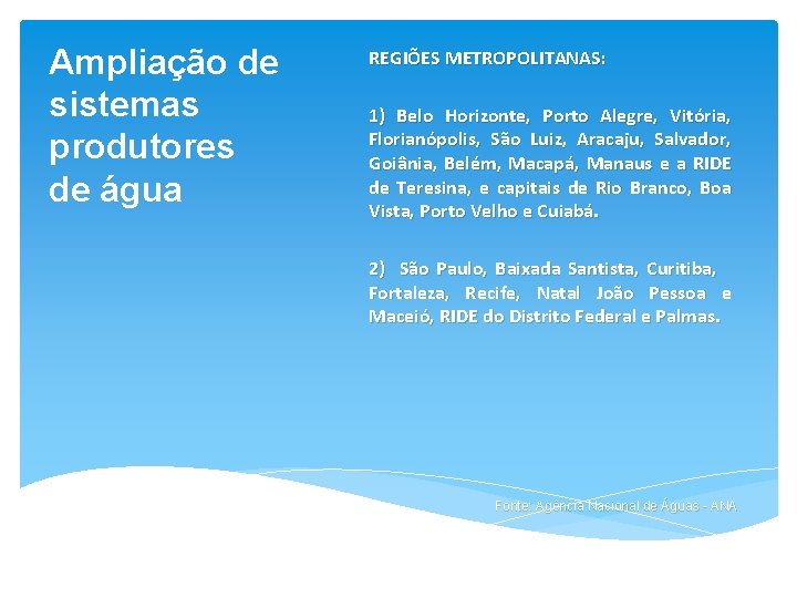 Ampliação de sistemas produtores de água REGIÕES METROPOLITANAS: 1) Belo Horizonte, Porto Alegre, Vitória,