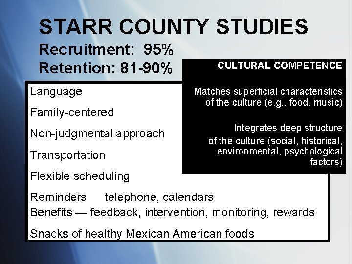 STARR COUNTY STUDIES Recruitment: 95% Retention: 81 -90% Language Family-centered Non-judgmental approach Transportation CULTURAL