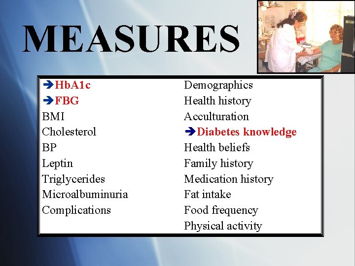 MEASURES Hb. A 1 c FBG BMI Cholesterol BP Leptin Triglycerides Microalbuminuria Complications Demographics