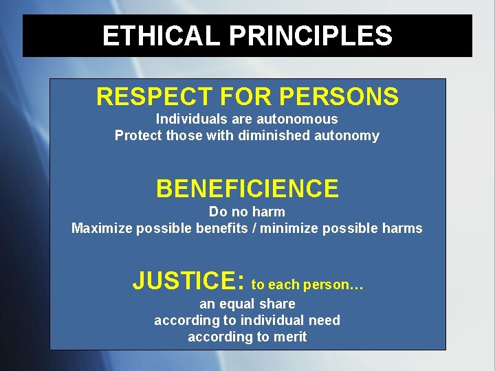 ETHICAL PRINCIPLES RESPECT FOR PERSONS Individuals are autonomous Protect those with diminished autonomy BENEFICIENCE