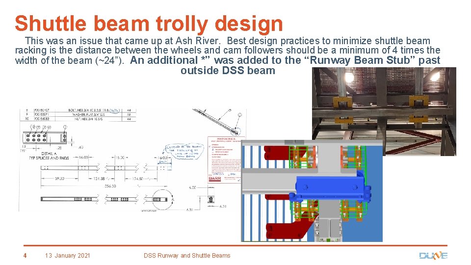 Shuttle beam trolly design This was an issue that came up at Ash River.