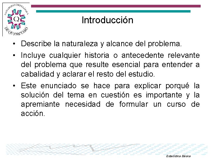 Introducción • Describe la naturaleza y alcance del problema. • Incluye cualquier historia o