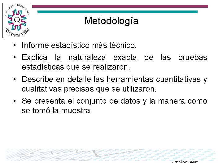 Metodología • Informe estadístico más técnico. • Explica la naturaleza exacta de las pruebas