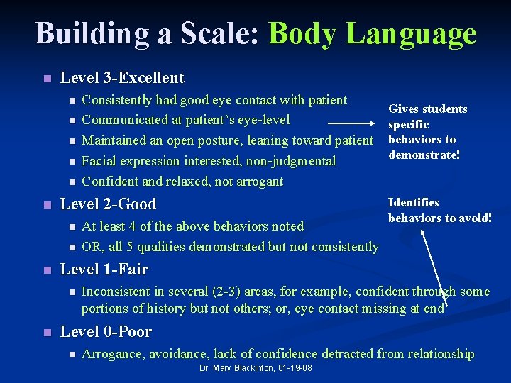 Building a Scale: Body Language n Level 3 -Excellent n n n Level 2