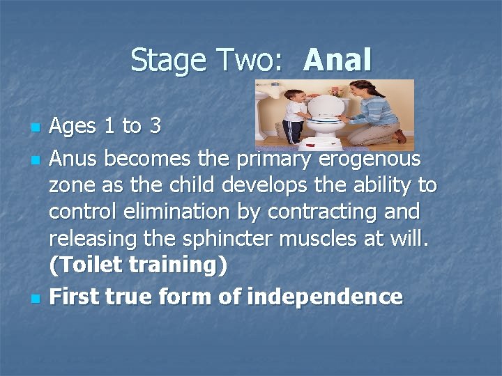 Stage Two: Anal n n n Ages 1 to 3 Anus becomes the primary