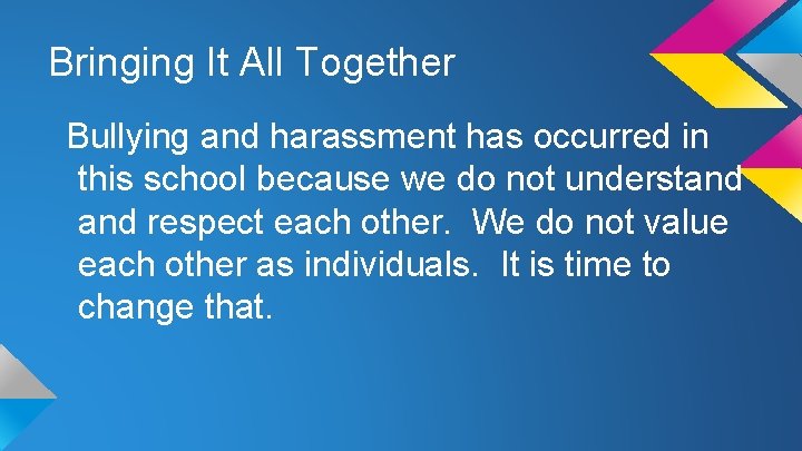 Bringing It All Together Bullying and harassment has occurred in this school because we