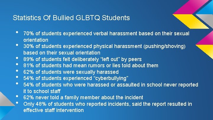 Statistics Of Bullied GLBTQ Students • • • 70% of students experienced verbal harassment