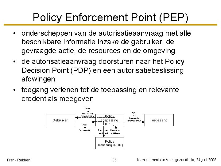 Policy Enforcement Point (PEP) • onderscheppen van de autorisatieaanvraag met alle beschikbare informatie inzake