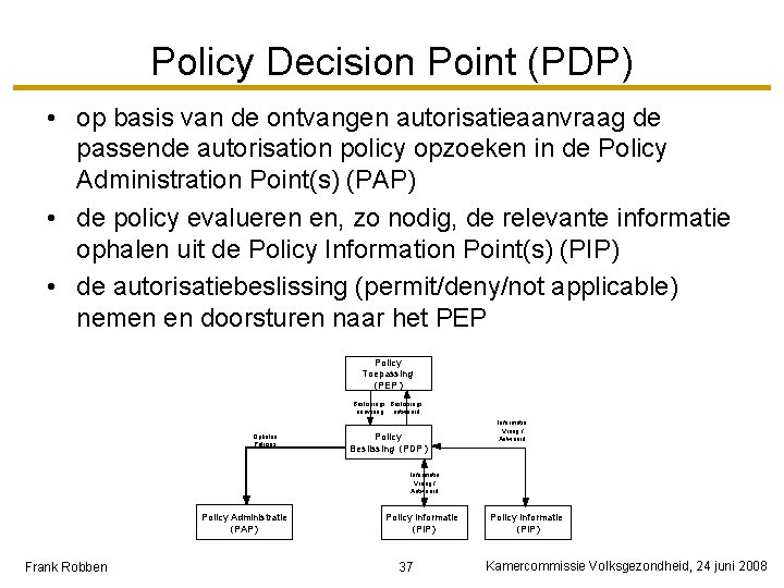 Policy Decision Point (PDP) • op basis van de ontvangen autorisatieaanvraag de passende autorisation