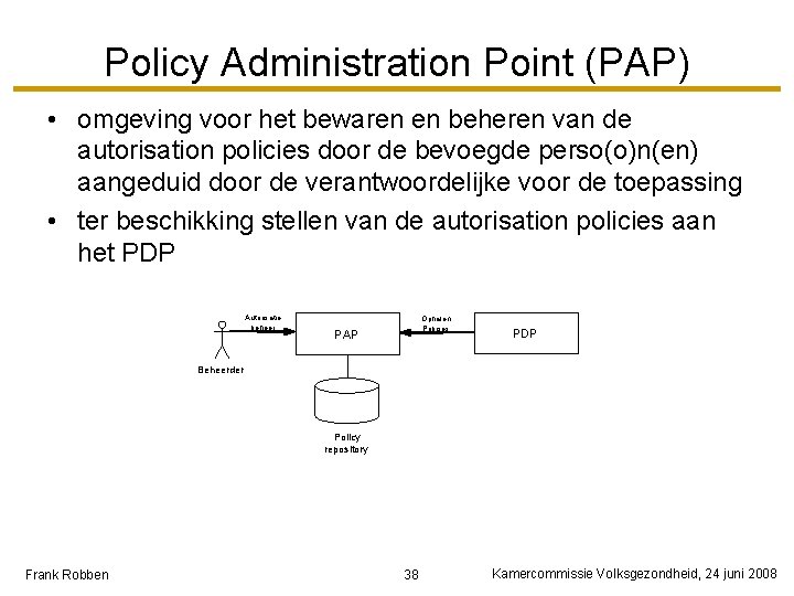Policy Administration Point (PAP) • omgeving voor het bewaren en beheren van de autorisation