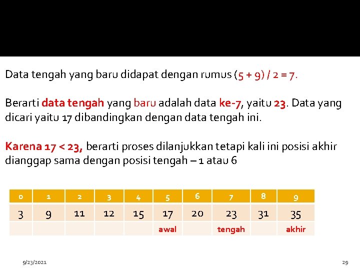 Data tengah yang baru didapat dengan rumus (5 + 9) / 2 = 7.