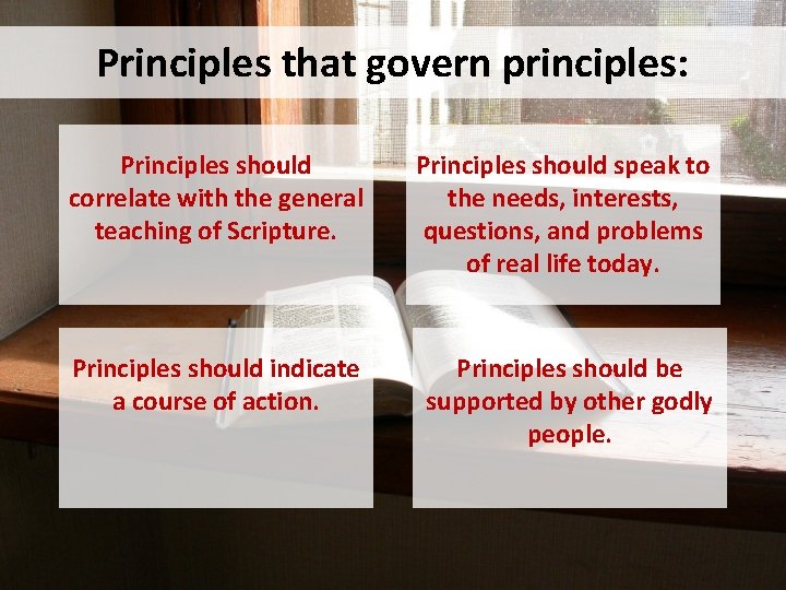 Principles that govern principles: Principles should correlate with the general teaching of Scripture. Principles