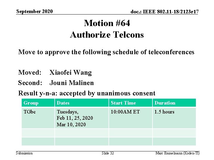 September 2020 doc. : IEEE 802. 11 -18/2123 r 17 Motion #64 Authorize Telcons