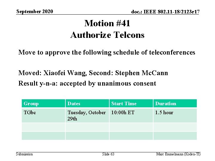 September 2020 doc. : IEEE 802. 11 -18/2123 r 17 Motion #41 Authorize Telcons