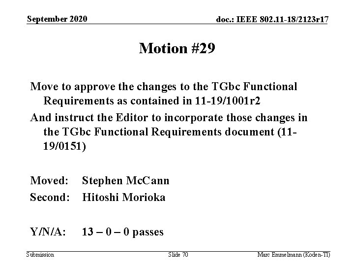 September 2020 doc. : IEEE 802. 11 -18/2123 r 17 Motion #29 Move to