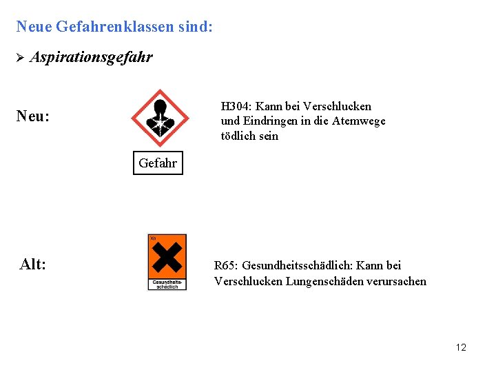 Neue Gefahrenklassen sind: Ø Aspirationsgefahr H 304: Kann bei Verschlucken und Eindringen in die