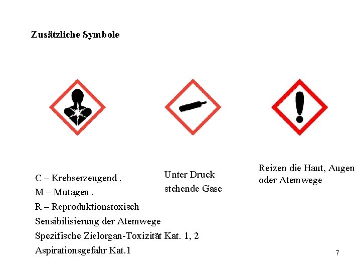 Zusätzliche Symbole Unter Druck stehende Gase C – Krebserzeugend. M – Mutagen. R –