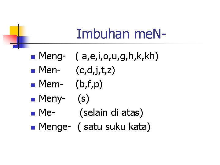 Imbuhan me. Nn n n Meng. Men. Mem. Meny. Menge- ( a, e, i,