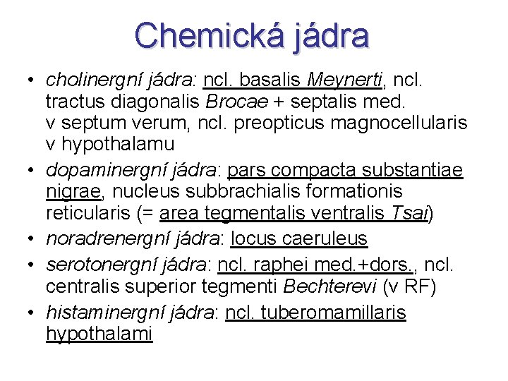 Chemická jádra • cholinergní jádra: ncl. basalis Meynerti, ncl. tractus diagonalis Brocae + septalis