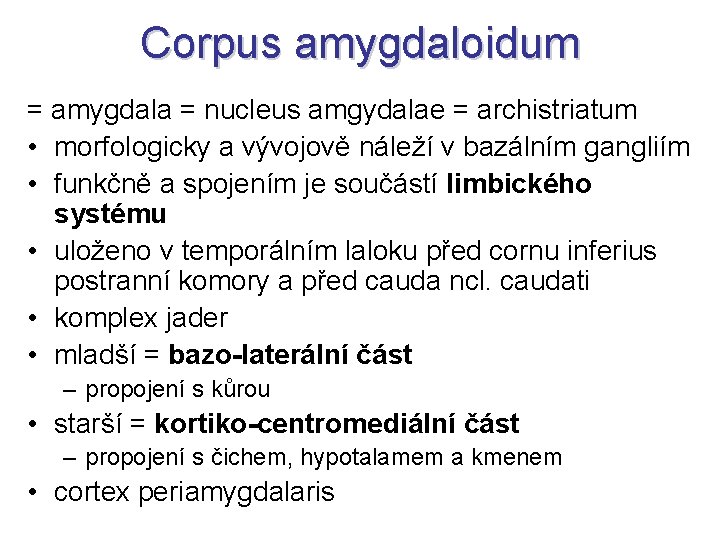 Corpus amygdaloidum = amygdala = nucleus amgydalae = archistriatum • morfologicky a vývojově náleží