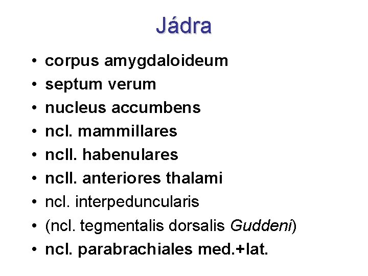 Jádra • • • corpus amygdaloideum septum verum nucleus accumbens ncl. mammillares ncll. habenulares