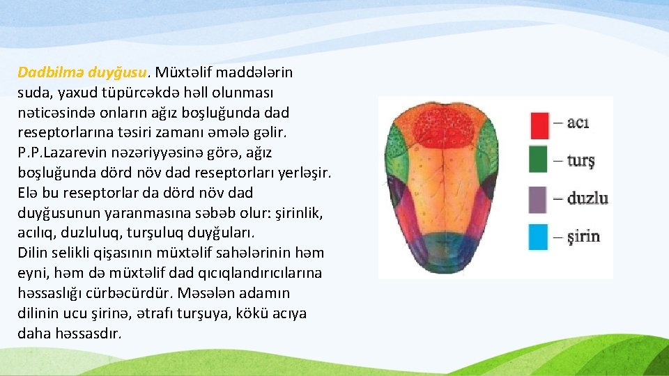 Dadbilmə duyğusu. Müxtəlif maddələrin suda, yaxud tüpürcəkdə həll olunması nəticəsində onların ağız boşluğunda dad