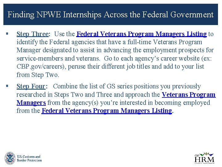 Finding NPWE Internships Across the Federal Government § Step Three: Use the Federal Veterans