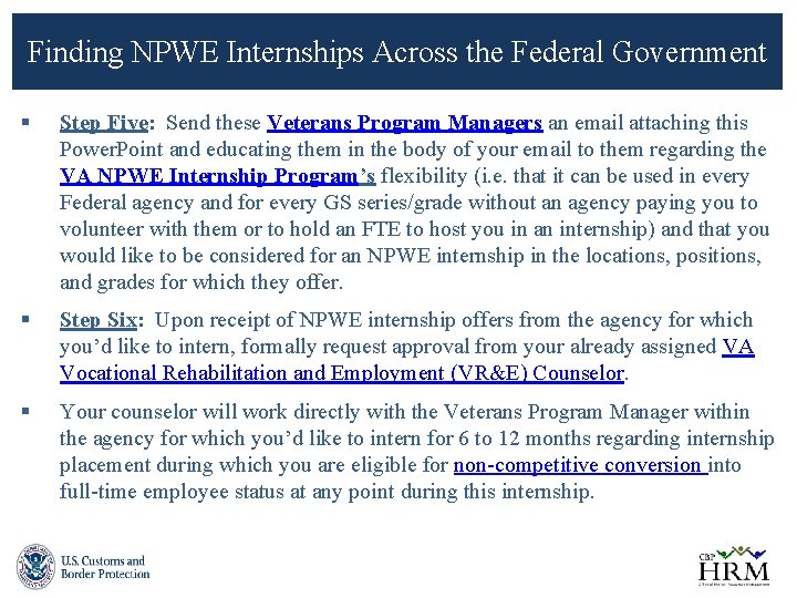 Finding NPWE Internships Across the Federal Government § Step Five: Send these Veterans Program