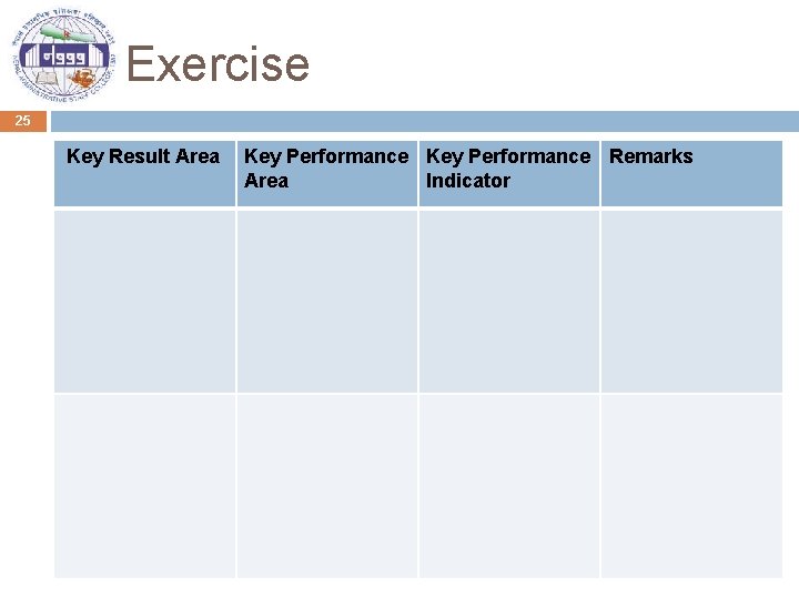 Exercise 25 Key Result Area Key Performance Remarks Area Indicator 