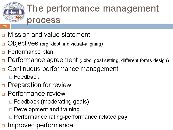 29 The performance management process Mission and value statement Objectives (org. dept. individual-aligning) Performance