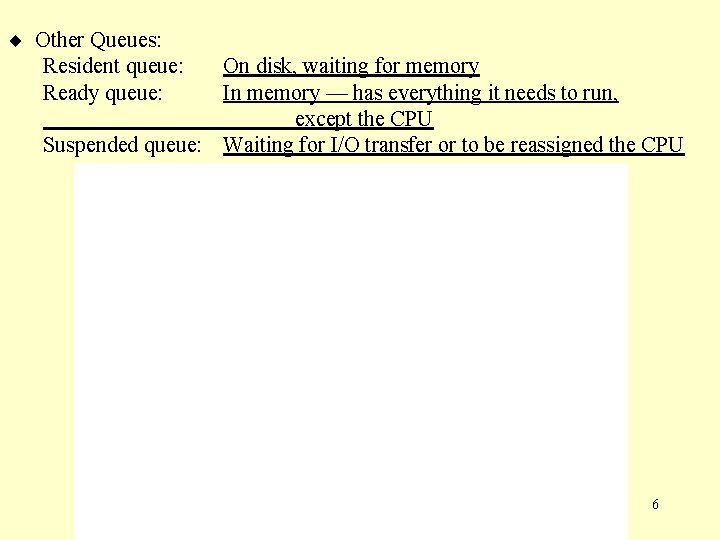  Other Queues: Resident queue: Ready queue: On disk, waiting for memory In memory