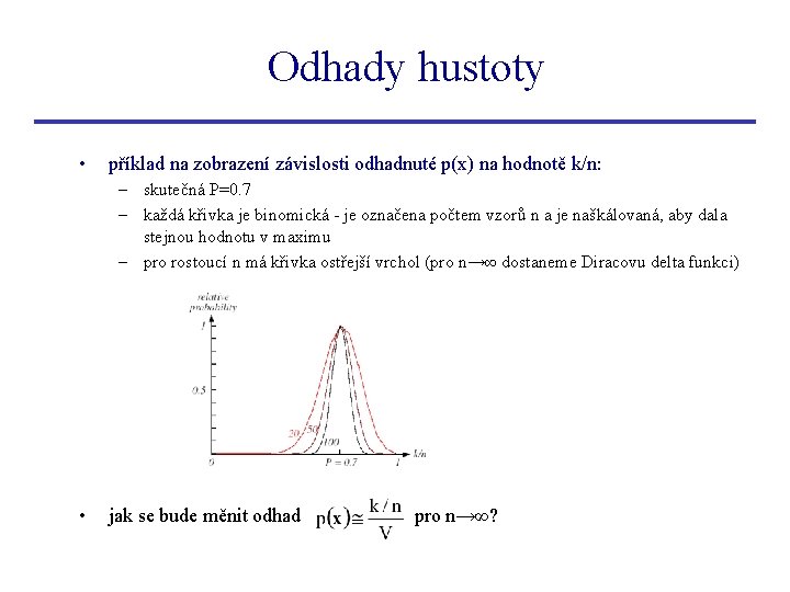 Odhady hustoty • příklad na zobrazení závislosti odhadnuté p(x) na hodnotě k/n: – skutečná