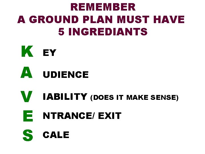 REMEMBER A GROUND PLAN MUST HAVE 5 INGREDIANTS K A V E S EY