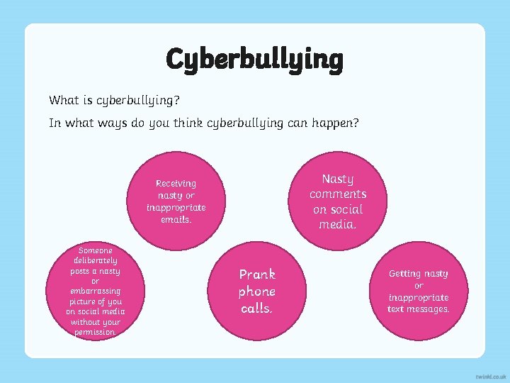 Cyberbullying What is cyberbullying? In what ways do you think cyberbullying can happen? Nasty