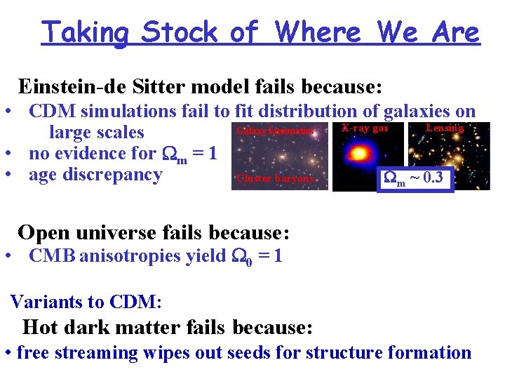 Taking Stock of Where We Are Einstein-de Sitter model fails because: • CDM simulations