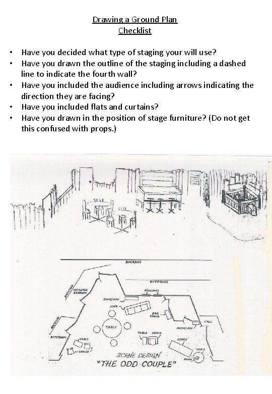 Drawing a Ground Plan Checklist • Have you decided what type of staging your