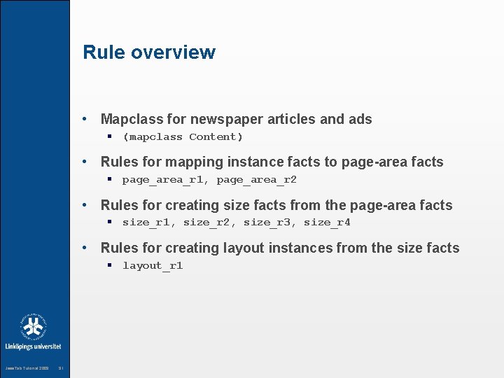 Rule overview • Mapclass for newspaper articles and ads § (mapclass Content) • Rules