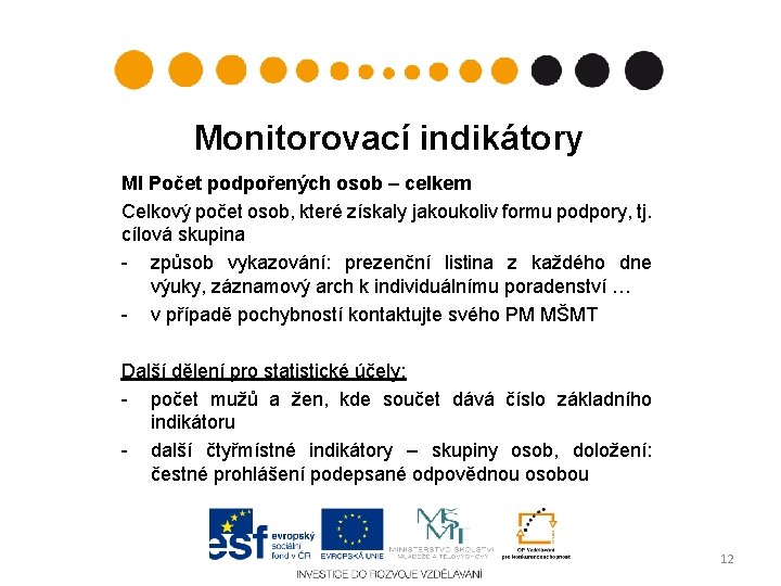 Monitorovací indikátory MI Počet podpořených osob – celkem Celkový počet osob, které získaly jakoukoliv