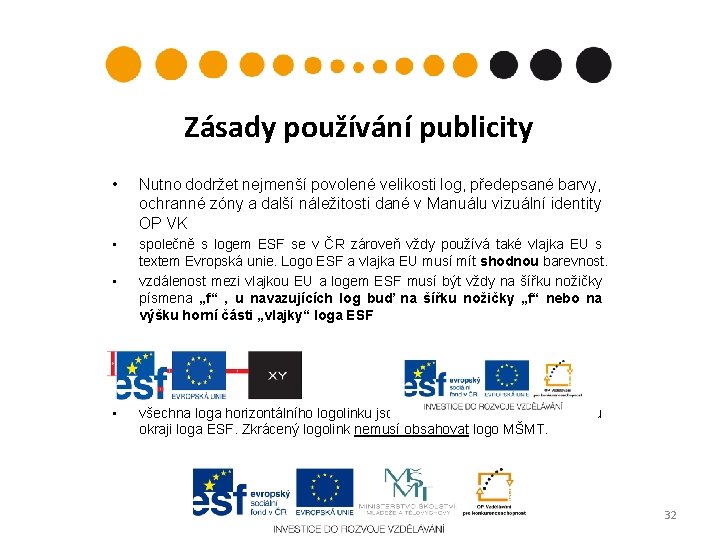 Zásady používání publicity • Nutno dodržet nejmenší povolené velikosti log, předepsané barvy, ochranné zóny