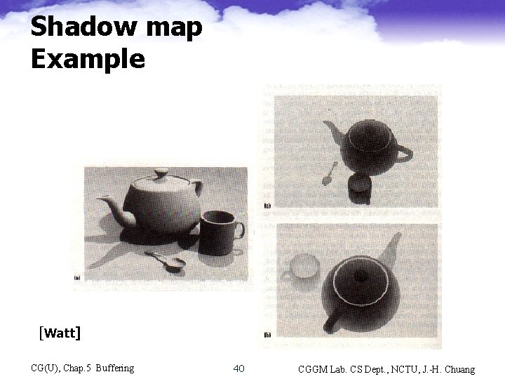 Shadow map Example [Watt] CG(U), Chap. 5 Buffering 40 CGGM Lab. CS Dept. ,